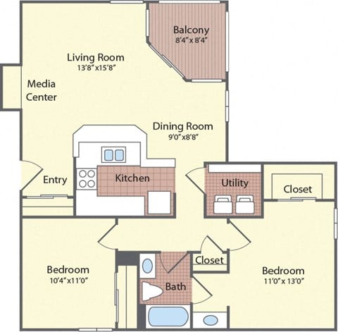 Floor plan for 2 beds, 1 bath, 966 sqft